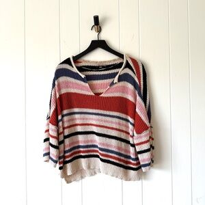 Wonderly Loose Knit Slouchy V-Neck Striped Sweater Cotton in Pinks and Creams